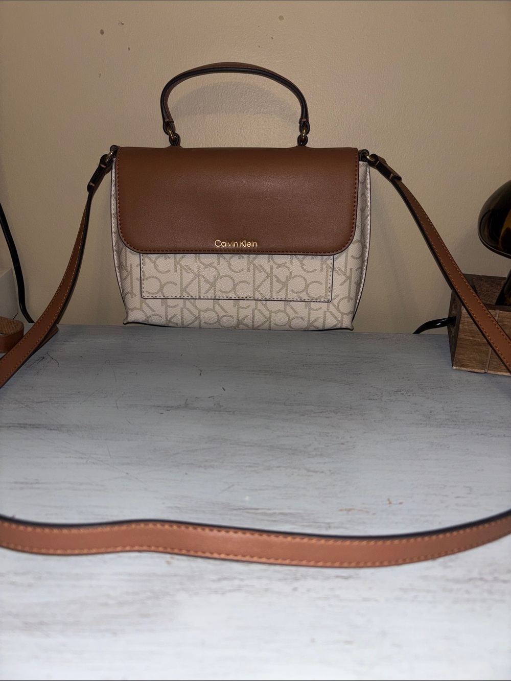 Calvin Klein Tan and Cream Top-Handle Crossbody Bag